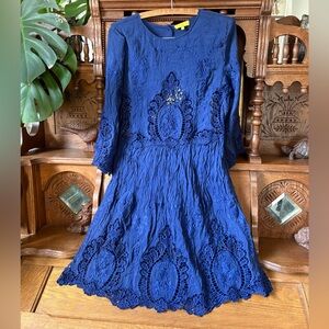 Ezra Navy Blue Crochet Embroidered Mini Dress Size Large